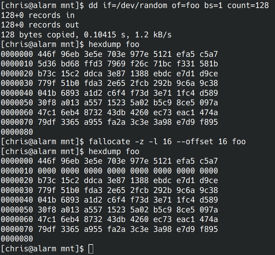 Screenshot of a console session. Commands executed are in order: dd that creates a 128 byte file with random contents. Hexdump shows the contents. fallocate zeroes bytes 16 to 31 and hexdump shows them zeroed.