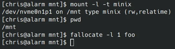 Screenshot of a console session.
Commands executed are, in order: mount, that
shows a minix filesystem mounted under /mnt,
pwd that shows the current directory as /mnt and
fallocate on a file that results in no error