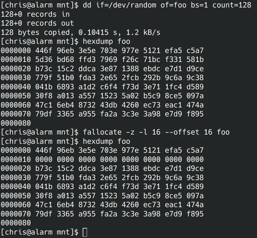 Screenshot of a console session.
Commands executed are in order:
dd that creates a 128 byte file with random contents.
Hexdump shows the contents.
fallocate zeroes bytes 16 to 31 and hexdump shows them zeroed.